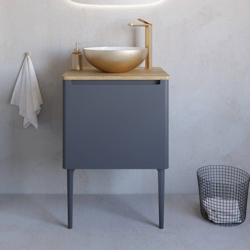 product lifestyle image of Crosswater Glide II Brushed Brass Tall Basin Monobloc Tap on grey floorstanding vanity unit GD112DNF